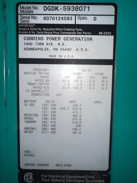 125 kW ENCLOSED CUMMINS GENSET